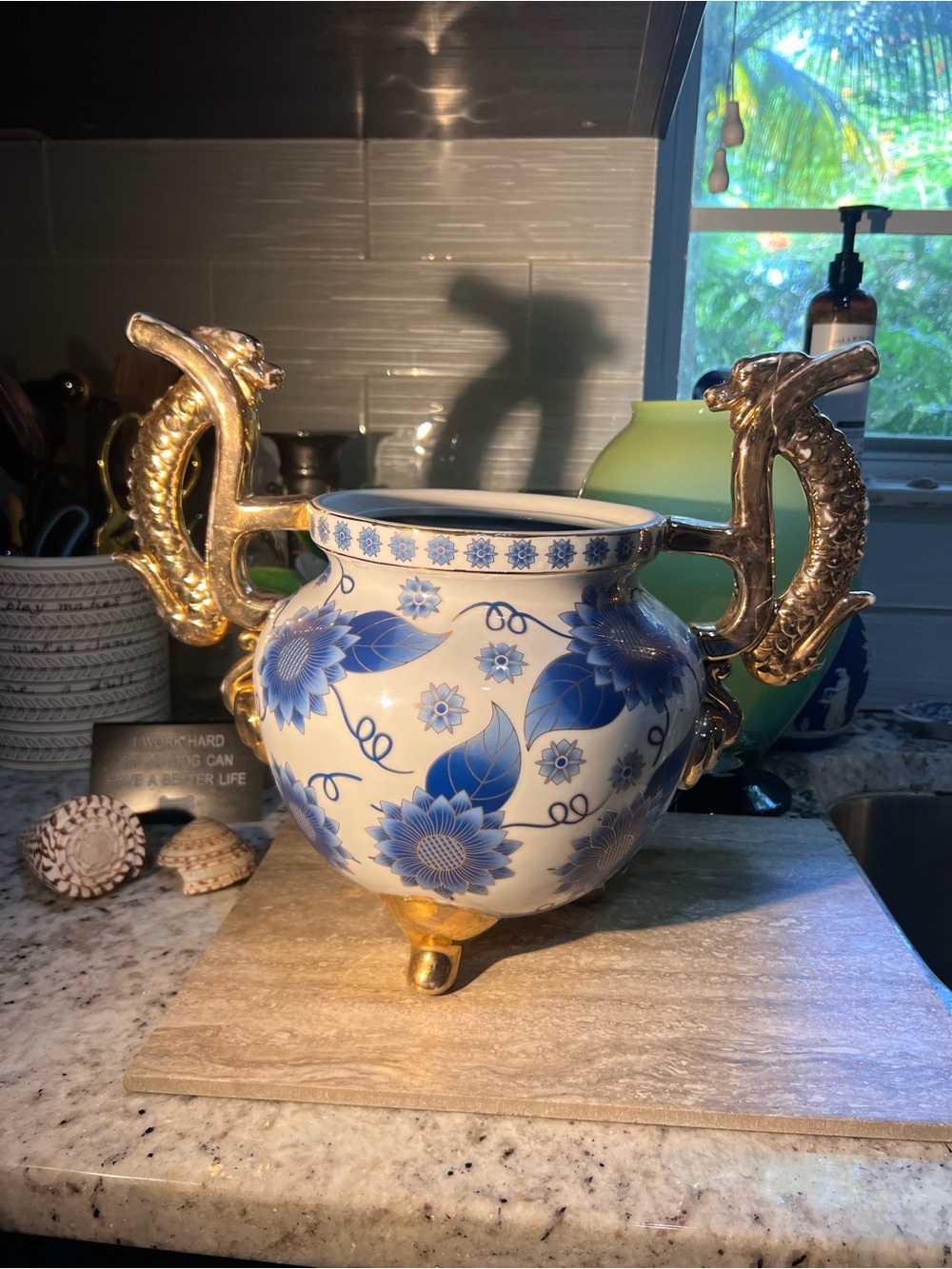Blue Floral Porcelain Urn with Gold Dragon Handles